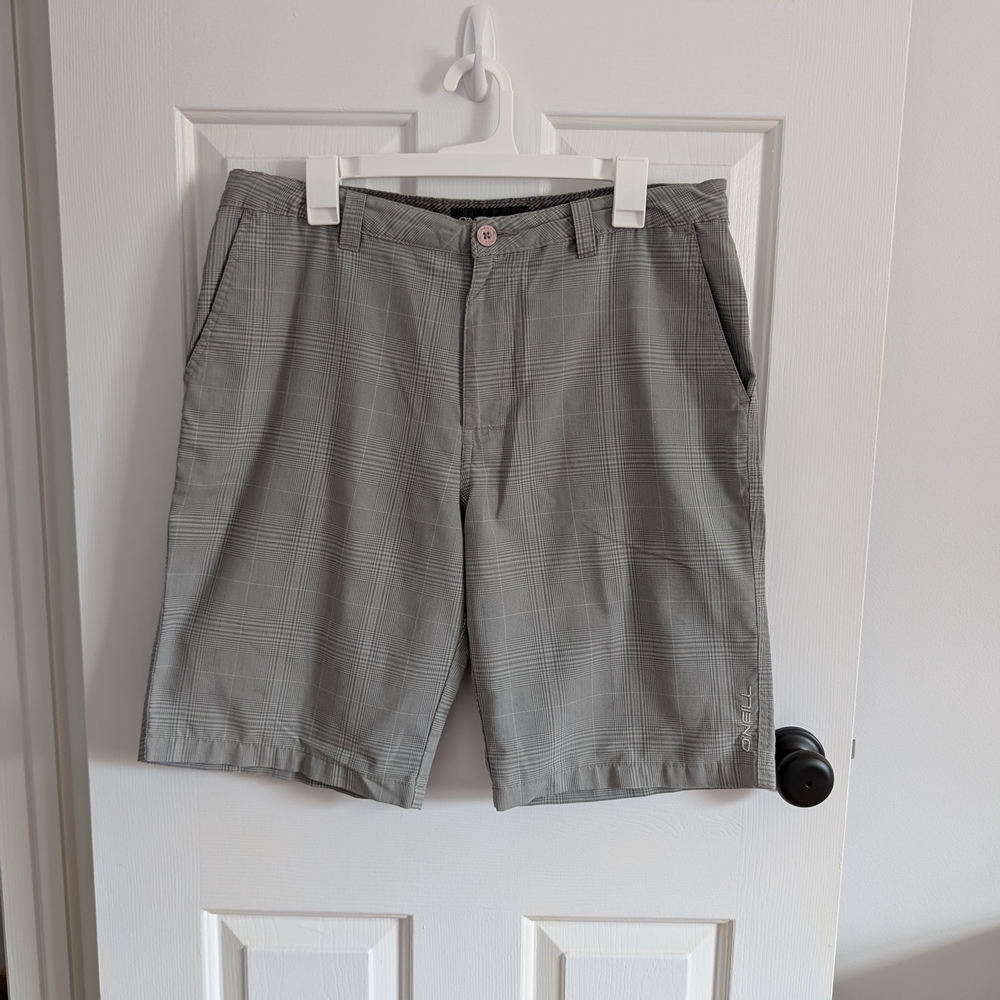 O'Neill Men's Gray Plaid Flat-Front Shorts Size 34
